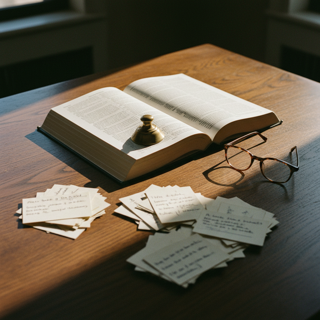 Close-up of a wooden desk with a stack of academic journals, a fountain pen, and a focused researcher's hands organizing printed papers.