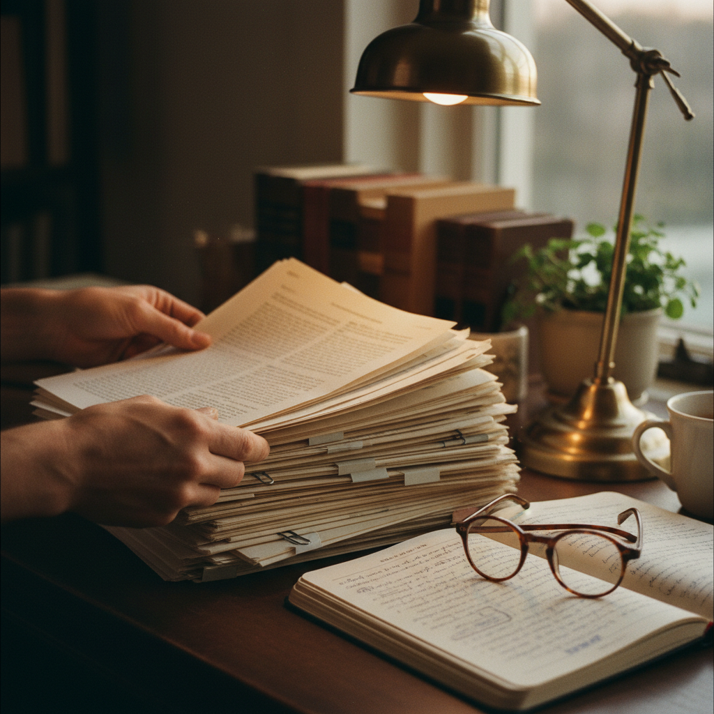 Primer plano de fichas bibliográficas y documentos de investigación organizados meticulosamente.