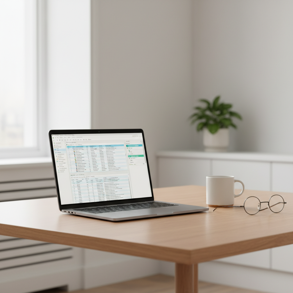 A clean, modern workspace featuring a high-end laptop showing a structured academic document with complex citations and a cup of tea.