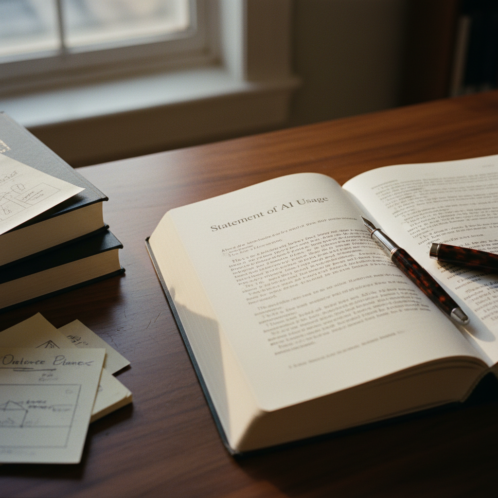 A close-up of a page in a printed thesis, with a section on 'Statement of AI Usage' clearly visible, resting on a wooden library desk.