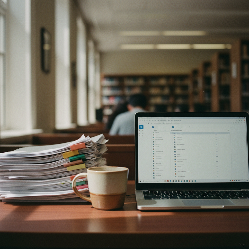 A close-up of a student's desk with a stack of academic papers and an open laptop displaying a research management interface.