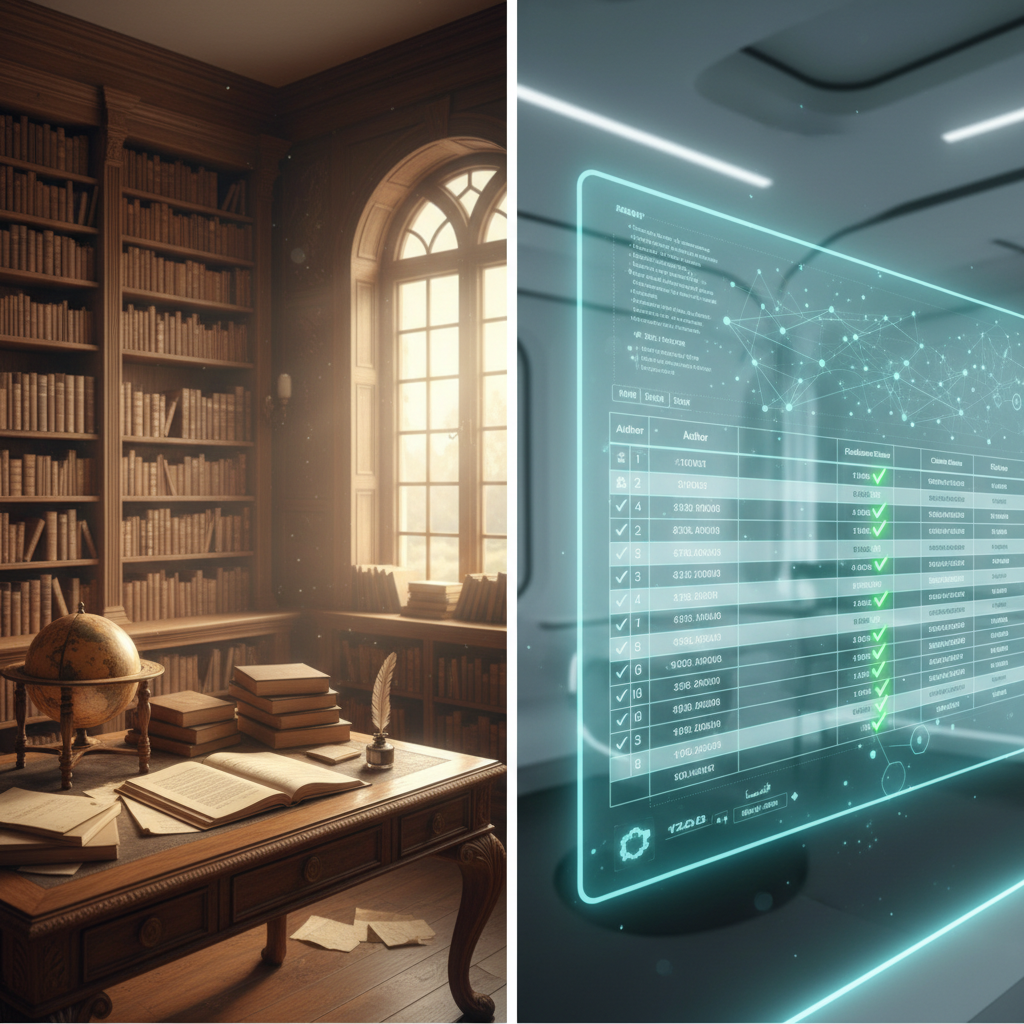 A split screen showing a traditional library on one side and a digital database visualization on the other.