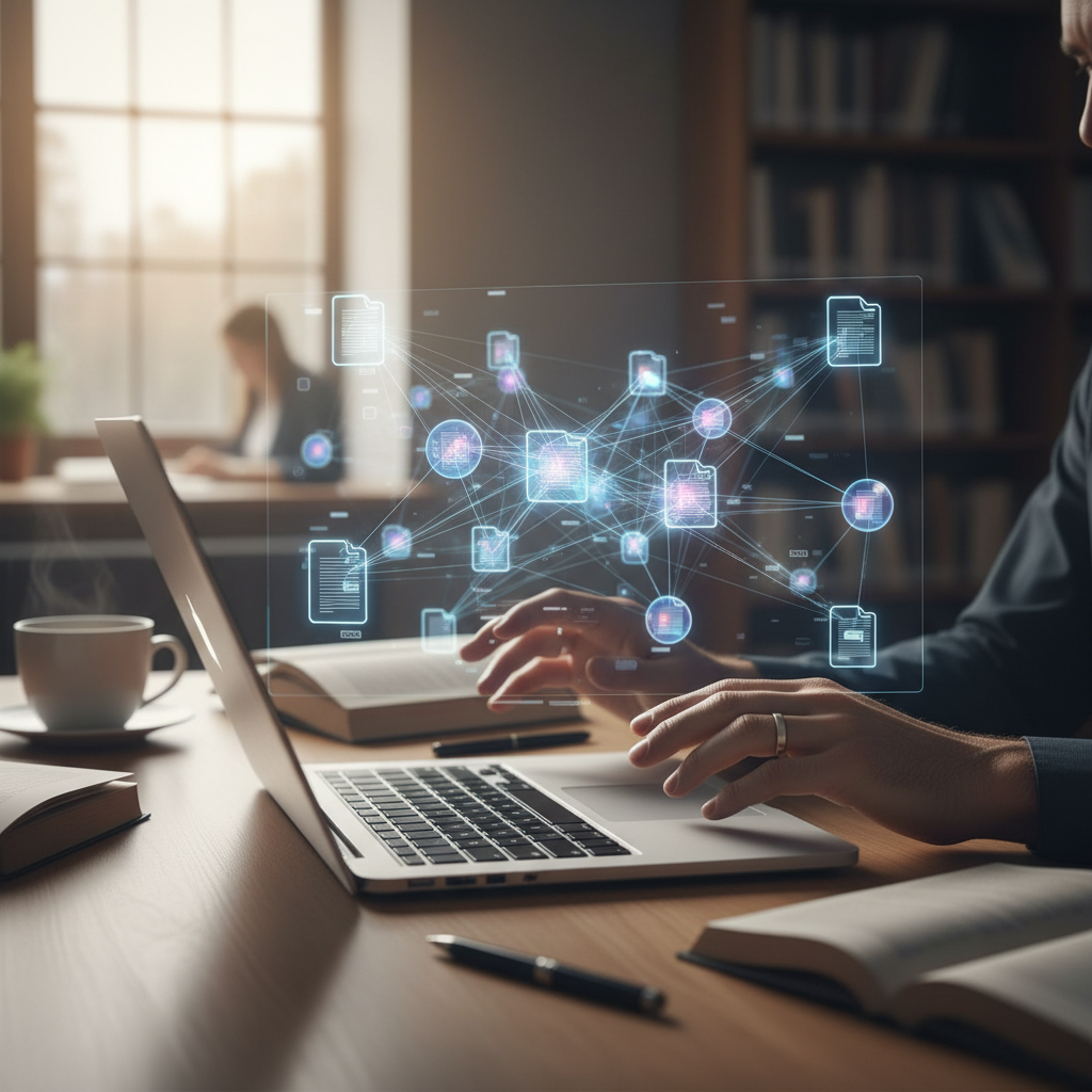A focused researcher looking at a transparent digital map of interconnected research papers and citations.