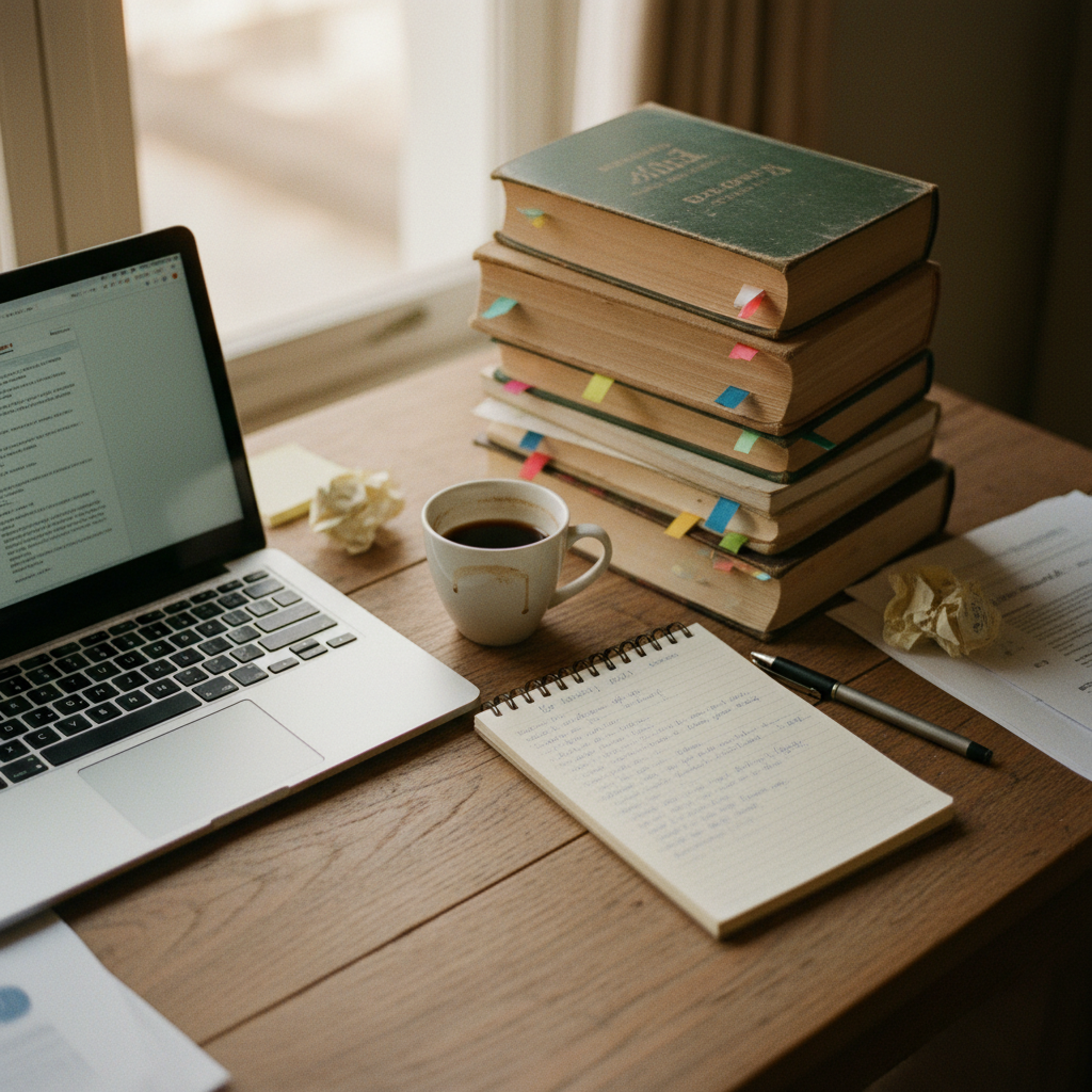 A university student's desk with an open laptop showing a word processor, surrounded by academic books and handwritten notes.
