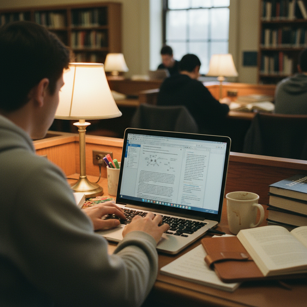 A student using a laptop with two windows open side-by-side: a research paper PDF and a draft essay.