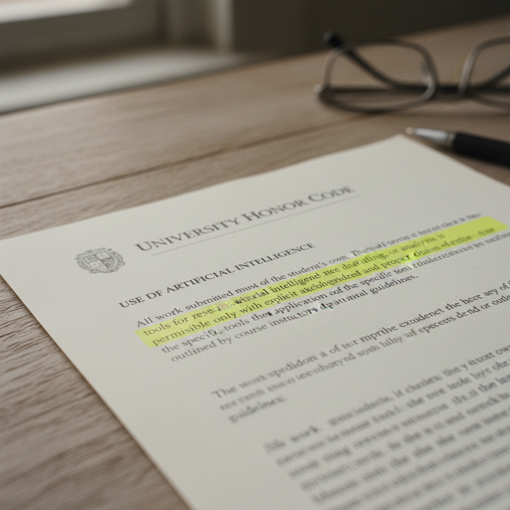 A close-up of a printed university honor code document with a section on artificial intelligence highlighted.