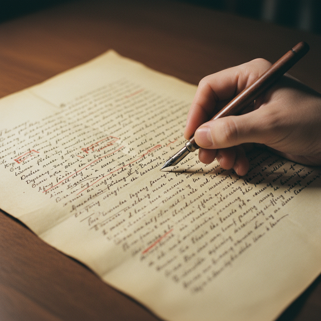 Manos de un investigador sosteniendo una pluma estilográfica sobre un manuscrito lleno de anotaciones en los márgenes.