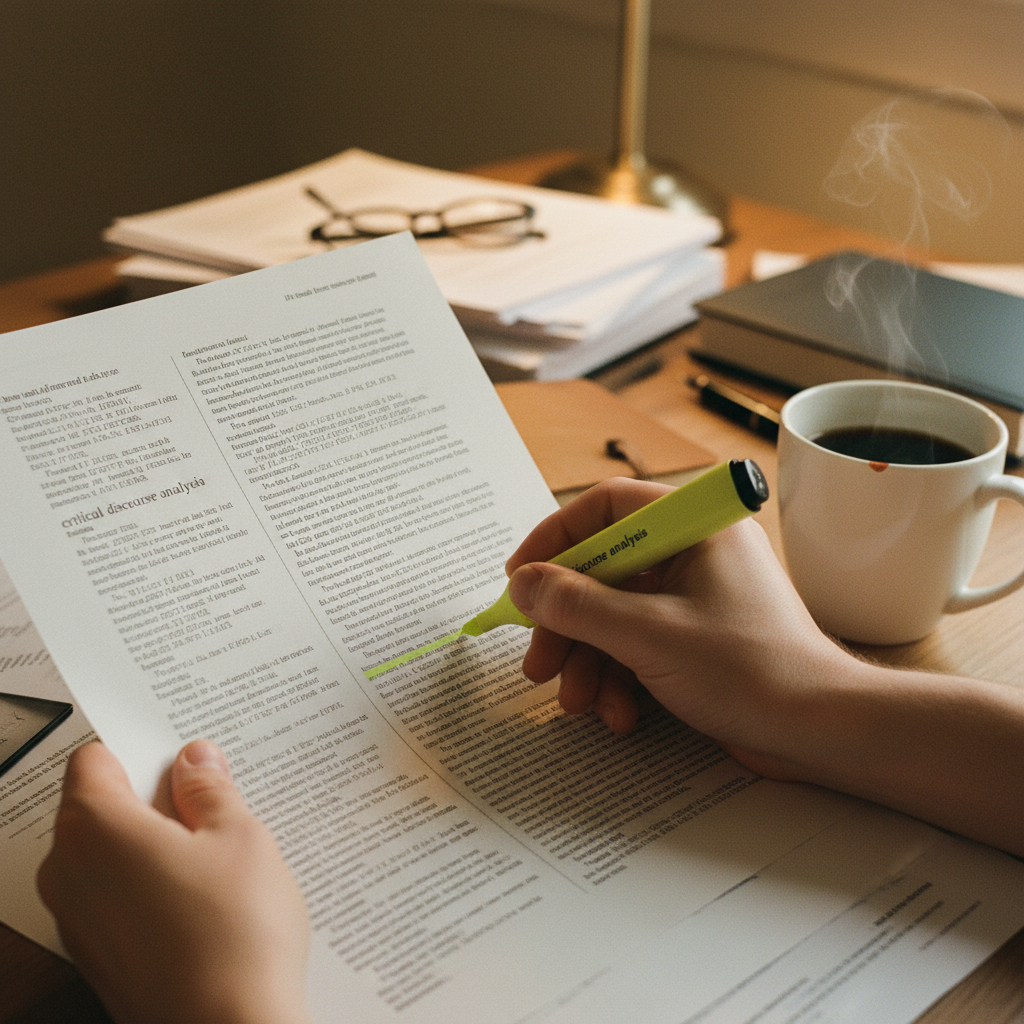 A close-up of a researcher's hands organizing printed research papers with color-coded highlighters.