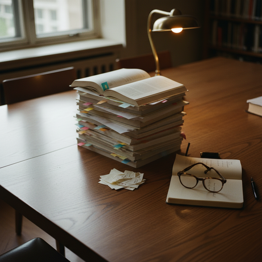 A high-angle shot of a minimalist wooden desk with a stack of thick academic journals and a single open notebook.