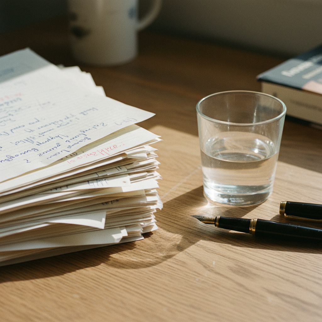 A heavy oak desk with a stack of academic journals, a vintage fountain pen, and a warm lamp light.抽