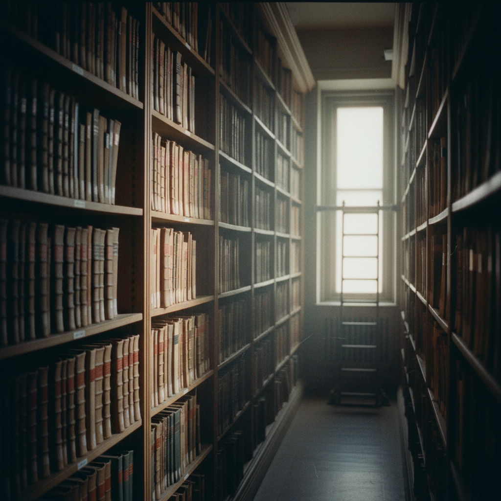 A wall of floor-to-ceiling bookshelves in a quiet university library.