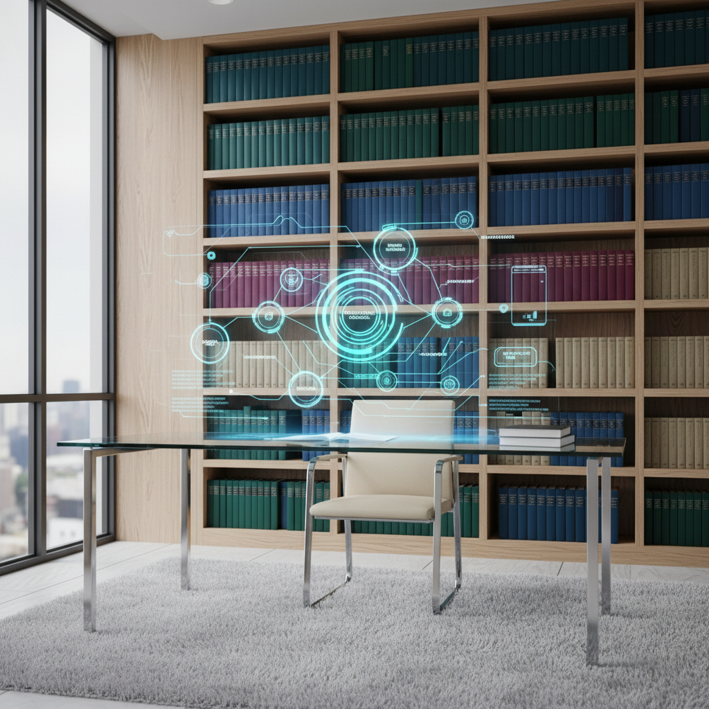 A clean, minimalist high-tech study space with a digital interface showing organized research papers.