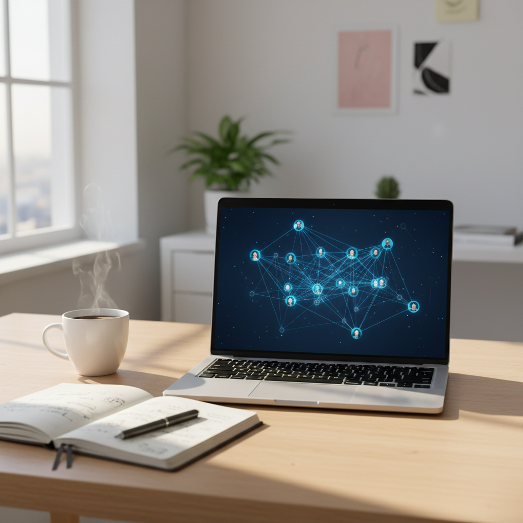 A clean, modern workspace with a laptop showing a complex academic networking map and research papers stacked neatly.