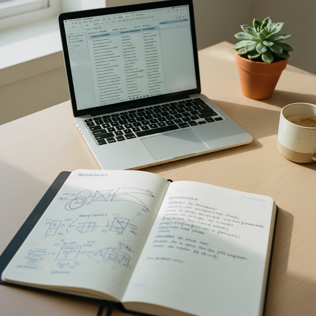 An open notebook with handwritten notes in Portuguese about research methodology next to a modern silver laptop.