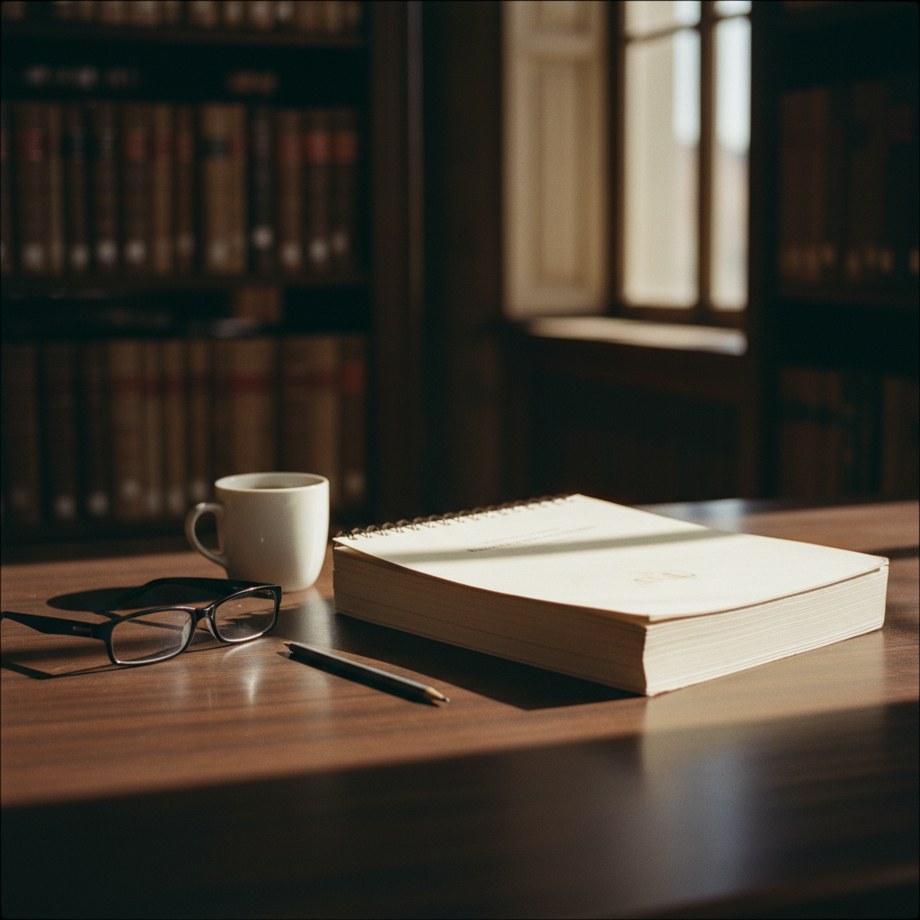 A close-up of a wooden desk with a stack of bound academic papers, a pair of glasses, and a ceramic mug of coffee in soft morning light.