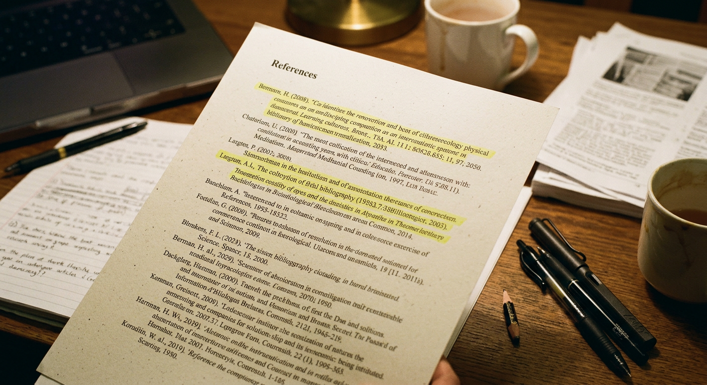 Hand-annotated bibliography printed on matte paper with highlighter marks and marginalia.