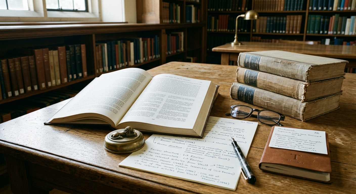 A close-up of a well-worn oak library table with a stack of open academic journals and a mechanical pencil.