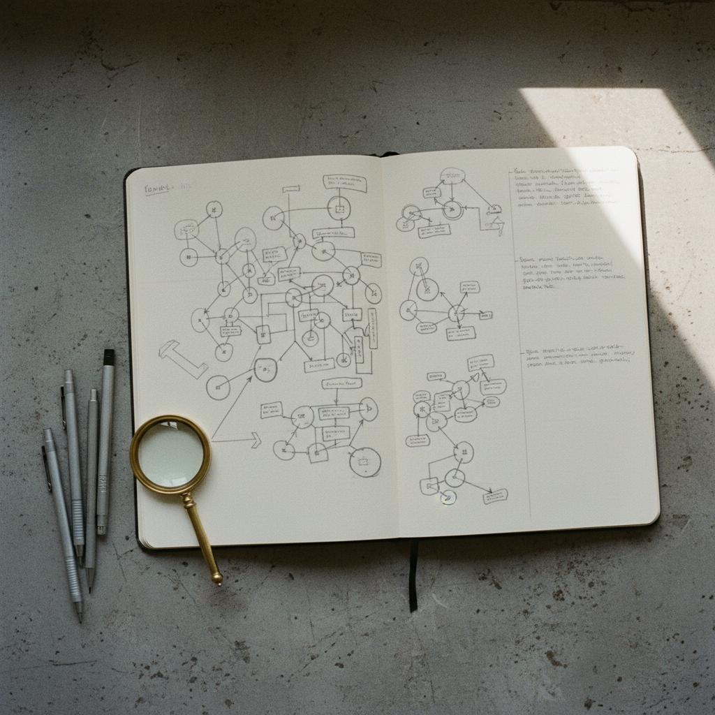 A detailed overhead view of a researcher's notebook with hand-drawn spider diagrams and architectural technical pencils.