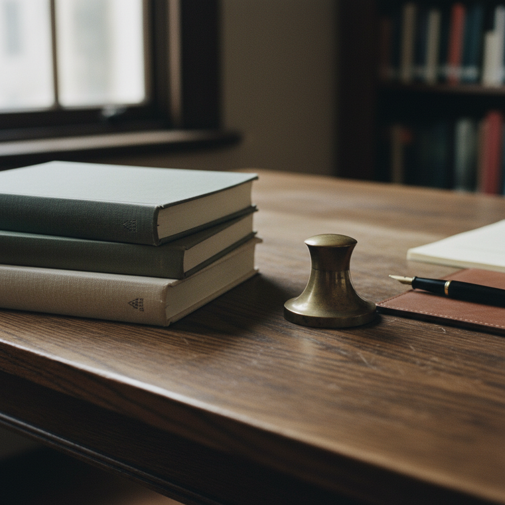 A stack of vintage academic journals and a fountain pen on a heavy wooden desk in soft morning light.