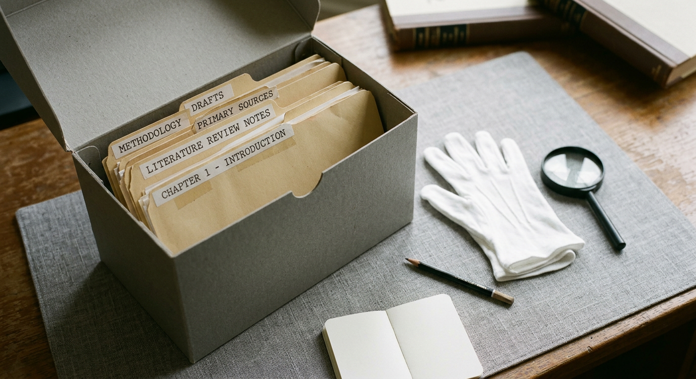 A professional archival file box open on a clean grey workspace, filled with neatly labeled manila folders and high-quality printed manuscripts.