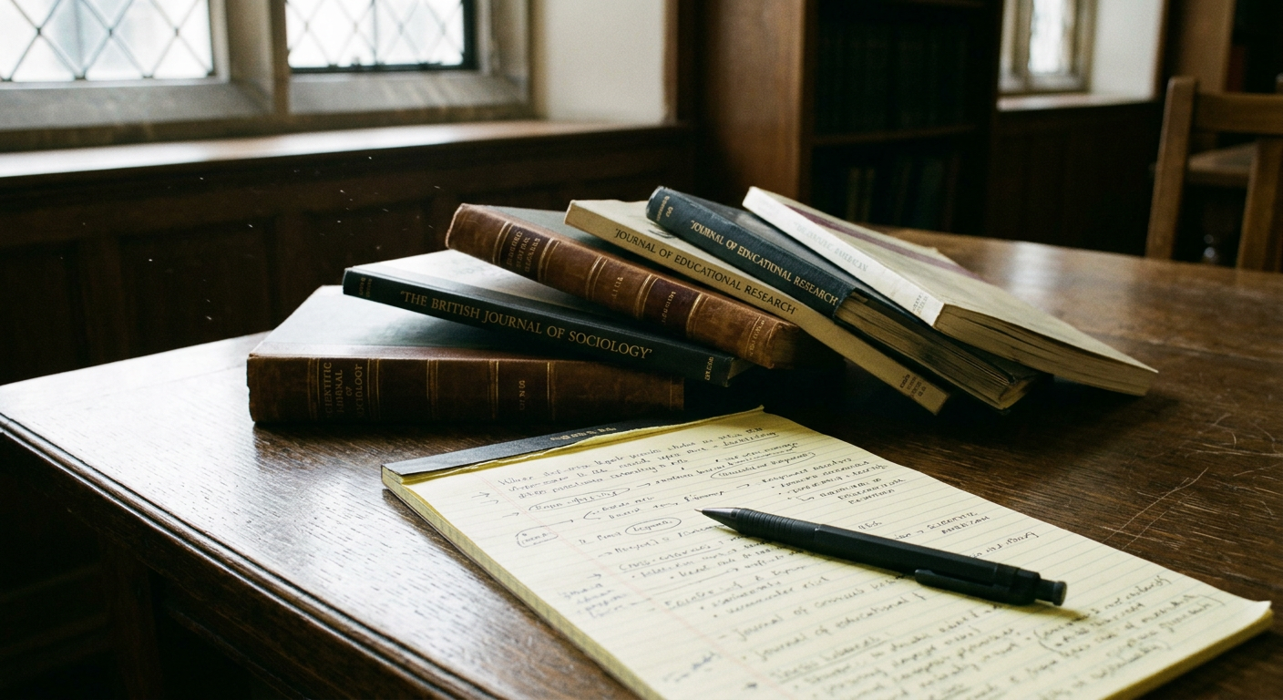 A close-up of a vintage oak library desk with a stack of open academic journals and a classic mechanical pencil sitting on a yellow legal pad. High-contrast natural side lighting from a window.