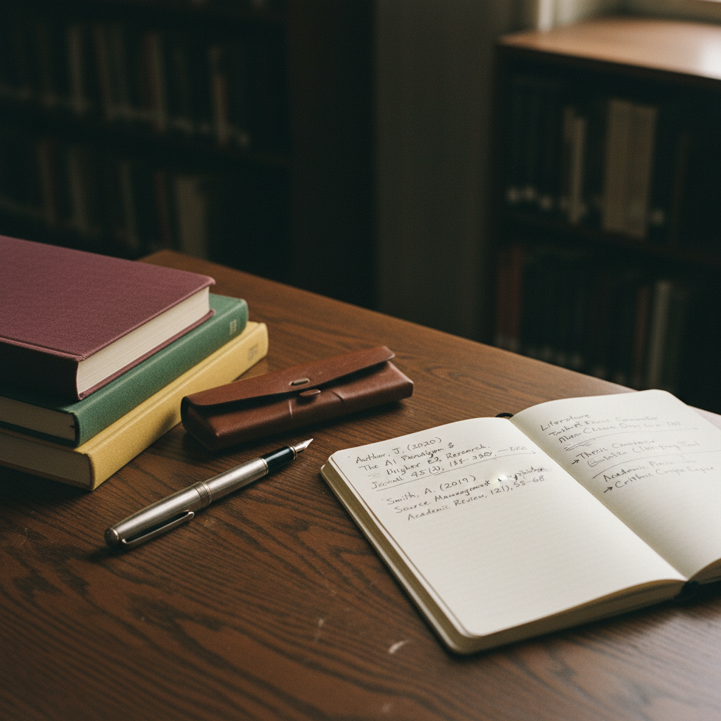 A close-up of a weathered wooden desk with a stack of thick academic journals, a silver fountain pen, and a singular open notebook.