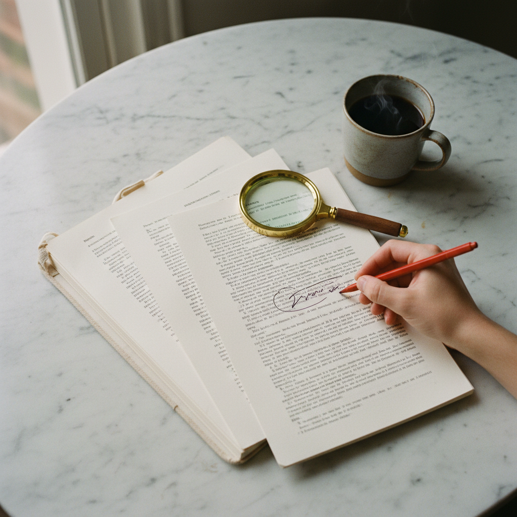 A printed manuscript of a thesis chapter with red pen annotations and highlighted citations on a marble table.