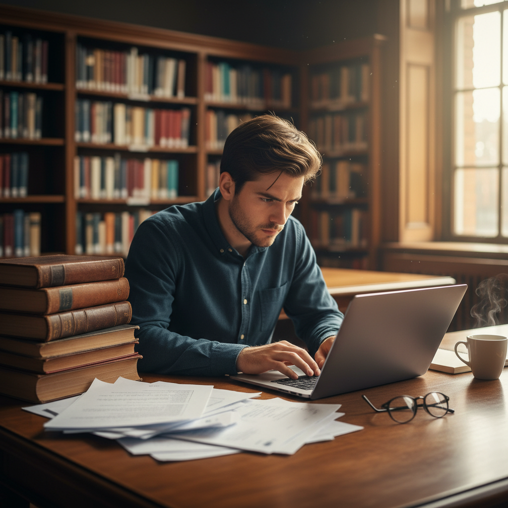 A focused PhD student in a modern library using a laptop with academic papers spread out, symbolizing a hybrid of traditional research and digital tools.