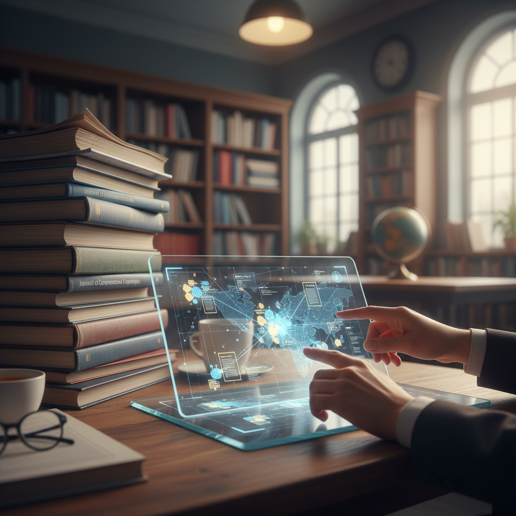 A focused student at a clean wooden desk with a vintage typewriter and a glowing holographic interface representing AI research management.