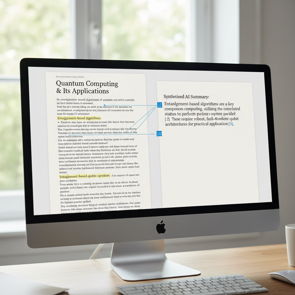 A split-screen view showing a PDF source on one side and the AI-generated synthesis with highlighted citations on the other.