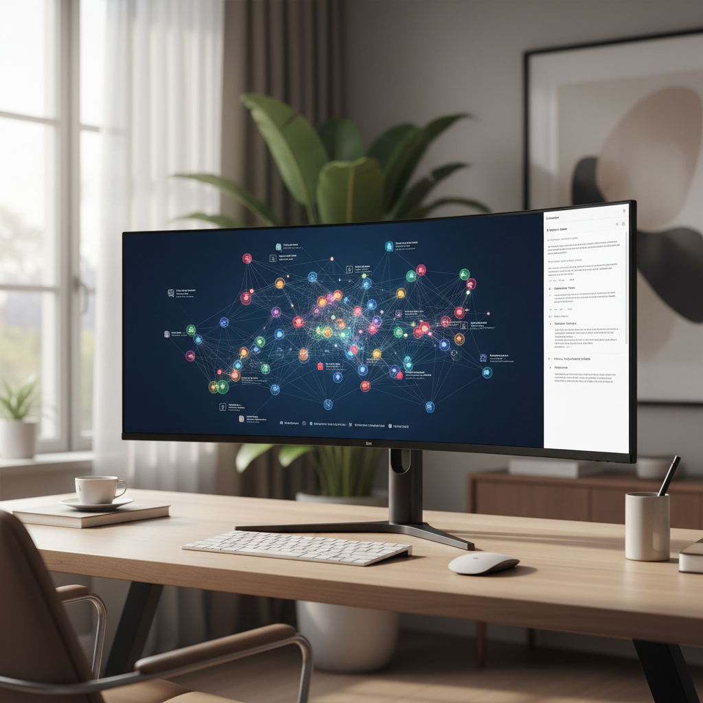 A professional workspace with a modern computer displaying a complex network of academic citations and a structured literature review draft.