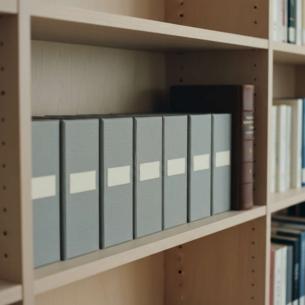 A minimalist library shelf with organized grey folders and one singular leather-bound book.