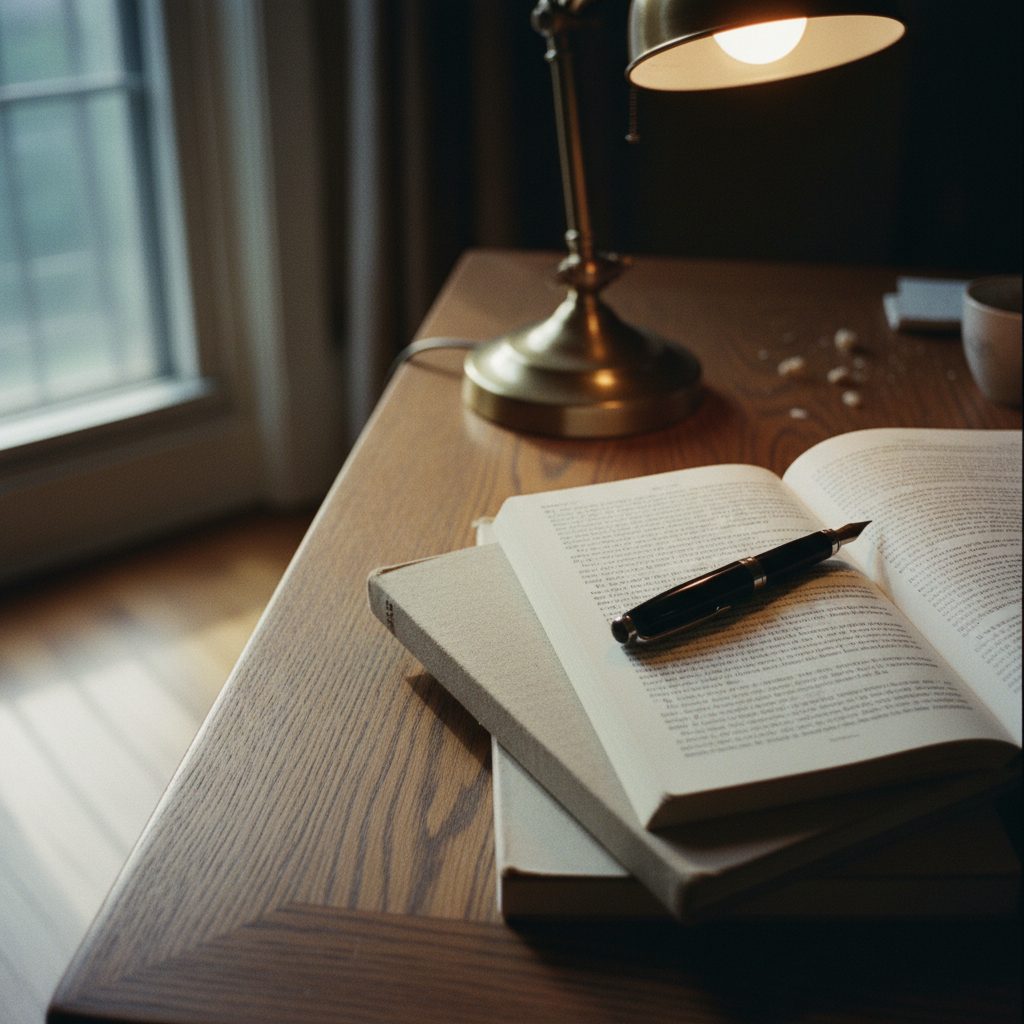 Close-up of a vintage desk with a fountain pen, heavy academic journals, and a modern minimal lamp.