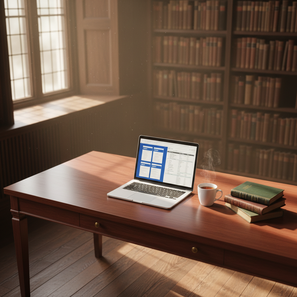 A focused researcher in a modern library using a sleek laptop with academic papers organized nearby.