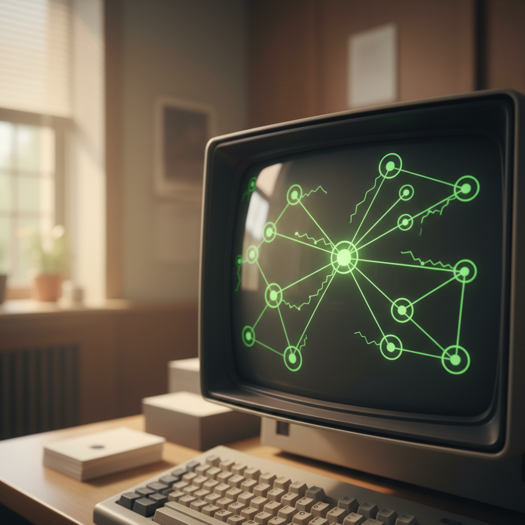 Close-up of a high-end vintage computer screen showing complex interconnected data nodes.