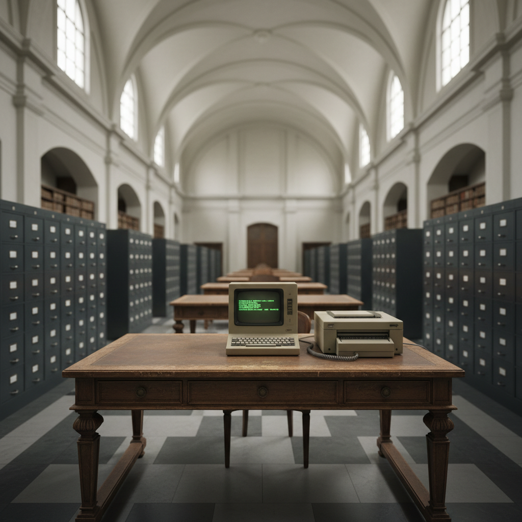 Organized physical archives and dossiers representing digital source management.