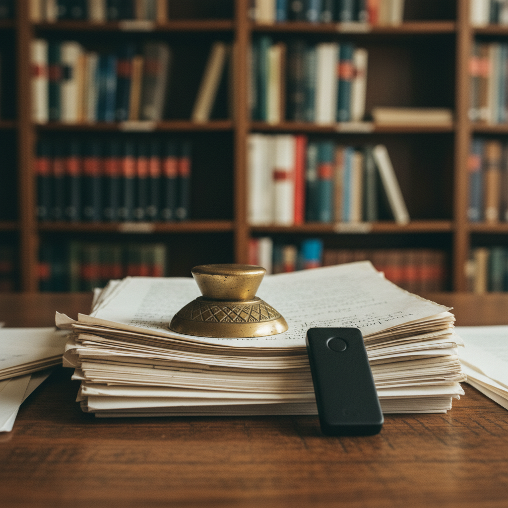 A close-up of a vintage wooden scholar's desk featuring a heavy stack of leather-bound journals, a fountain pen, and a modern encryption key.