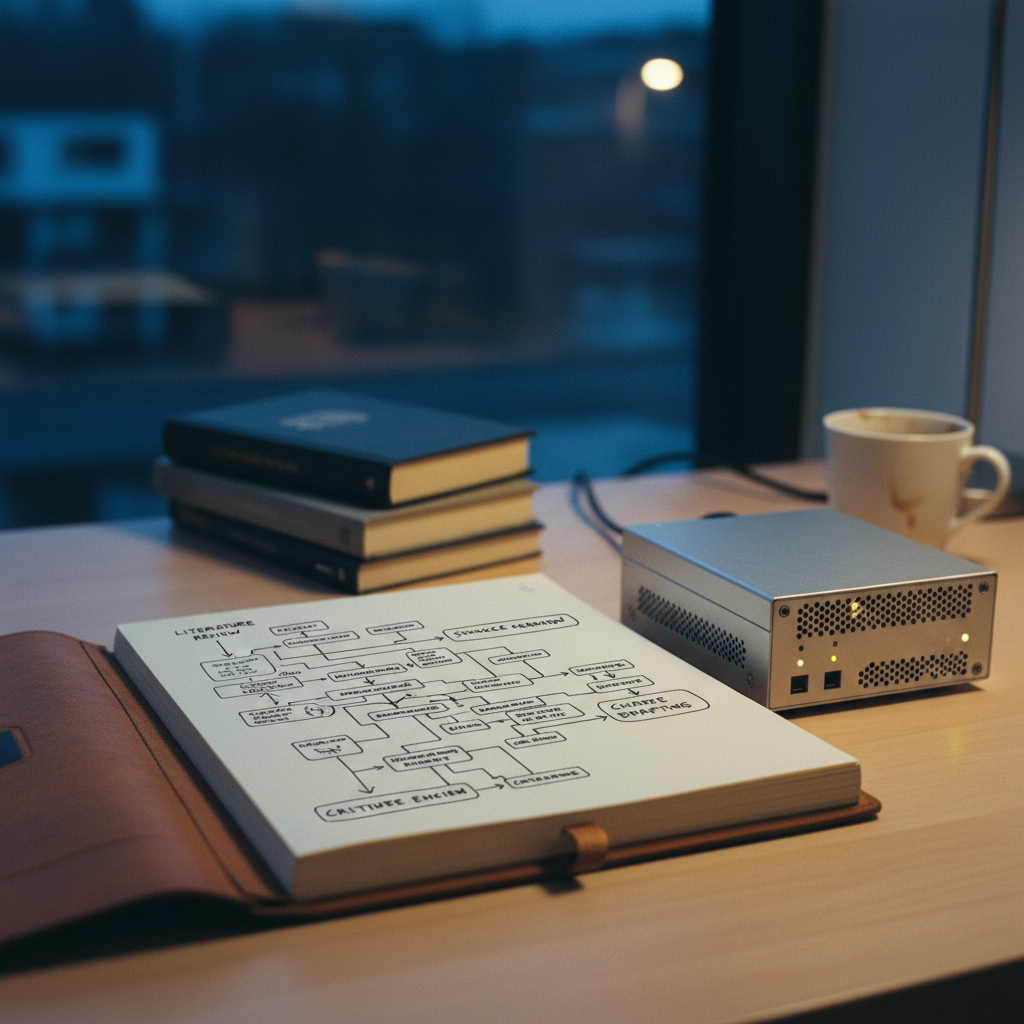 A professional researcher's workspace with a high-quality notebook, a mechanical pencil, and a secure server unit in the background.