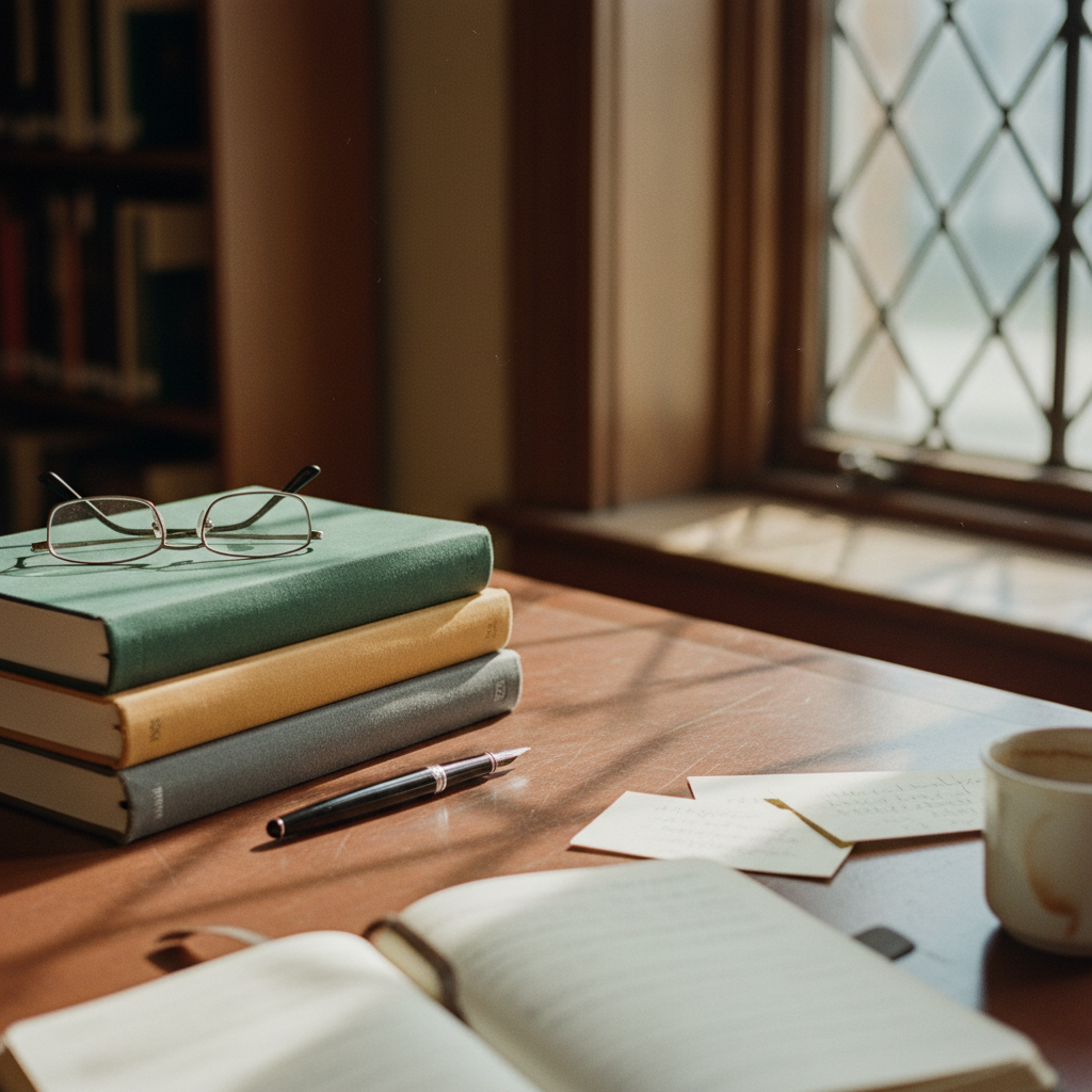 A close-up of a wooden desk with a stack of thick academic journals, a fountain pen, and a pair of reading glasses in soft afternoon sunlight.