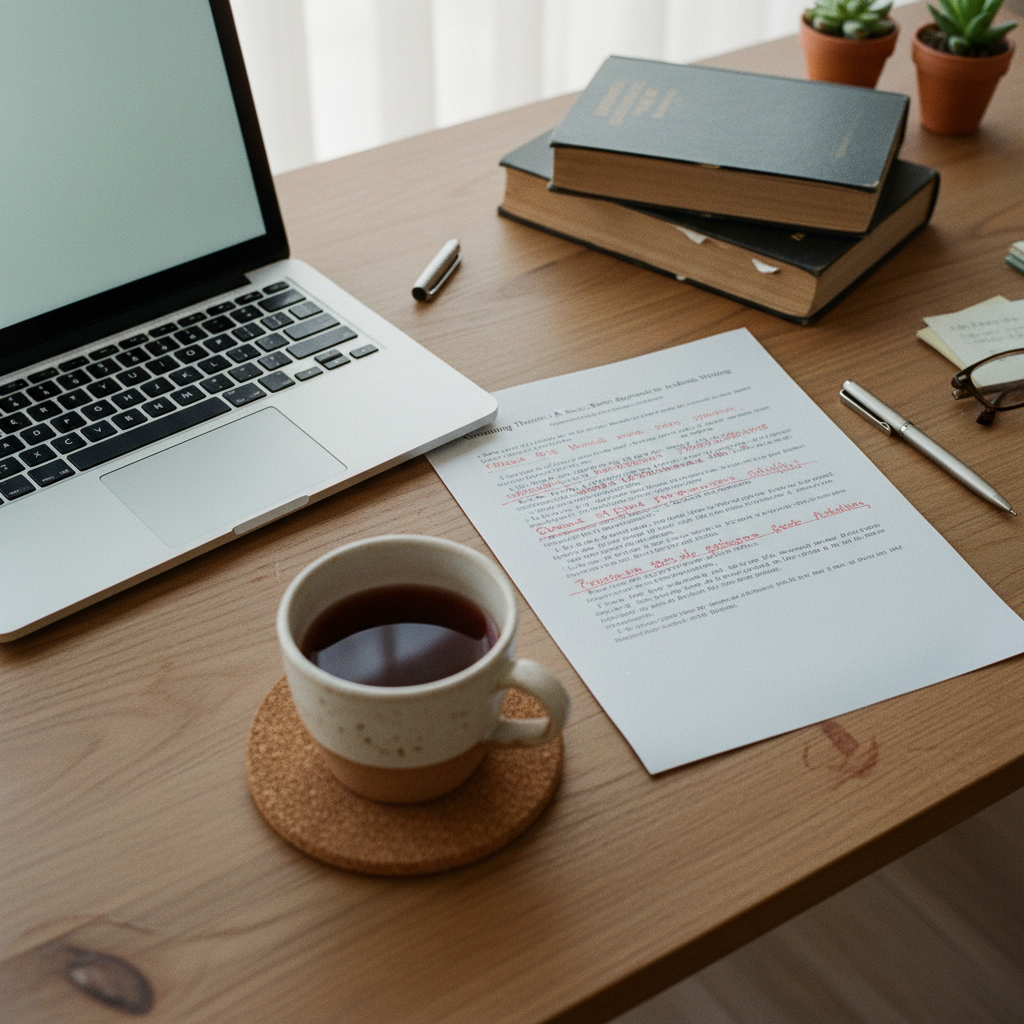 A clean workspace featuring an open laptop, a printed research paper with red annotations, and a cup of Rooibos tea.