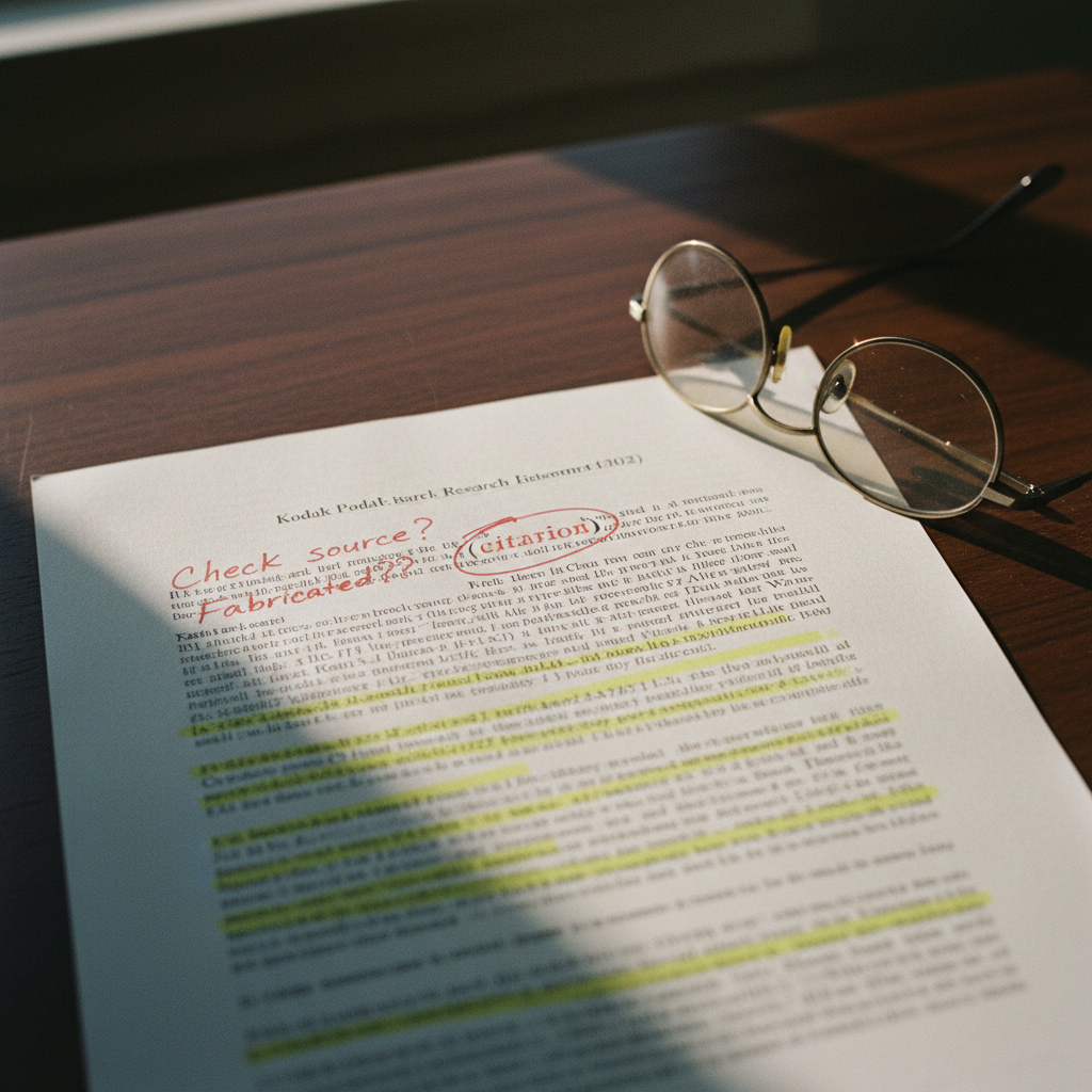 A close-up shot of a printed academic paper on a wooden desk with passages highlighted in yellow and red annotations in the margin questioning a citation.