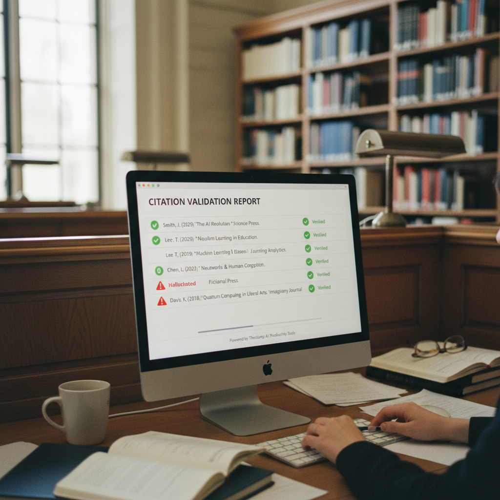 A computer screen showing a citation validation report with green checkmarks and red flags next to a list of academic references.