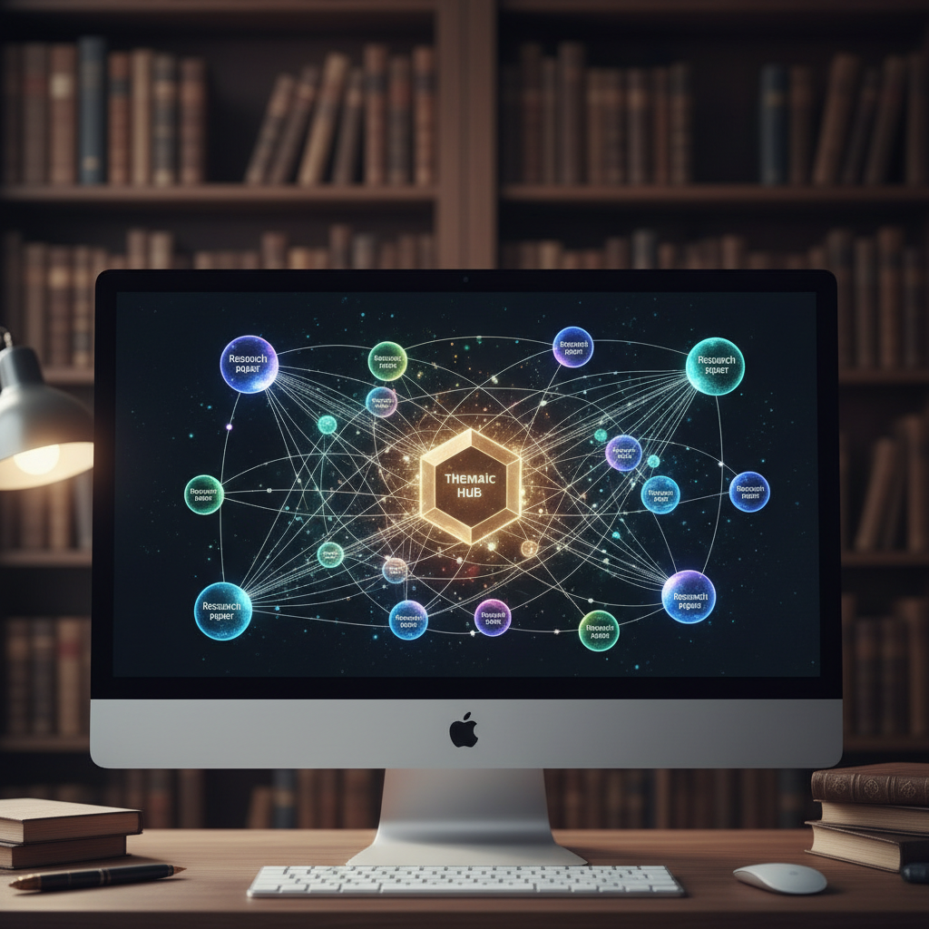 A digital visualization of a structured knowledge graph connecting different research papers and themes.