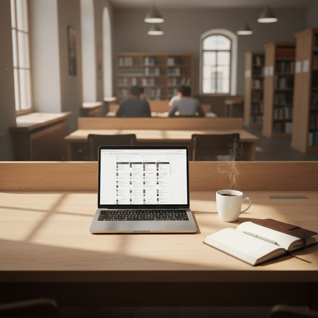 A professional researcher sitting at a clean oak desk in a library, looking at a minimalist laptop screen displaying complex academic diagrams and paper summaries.