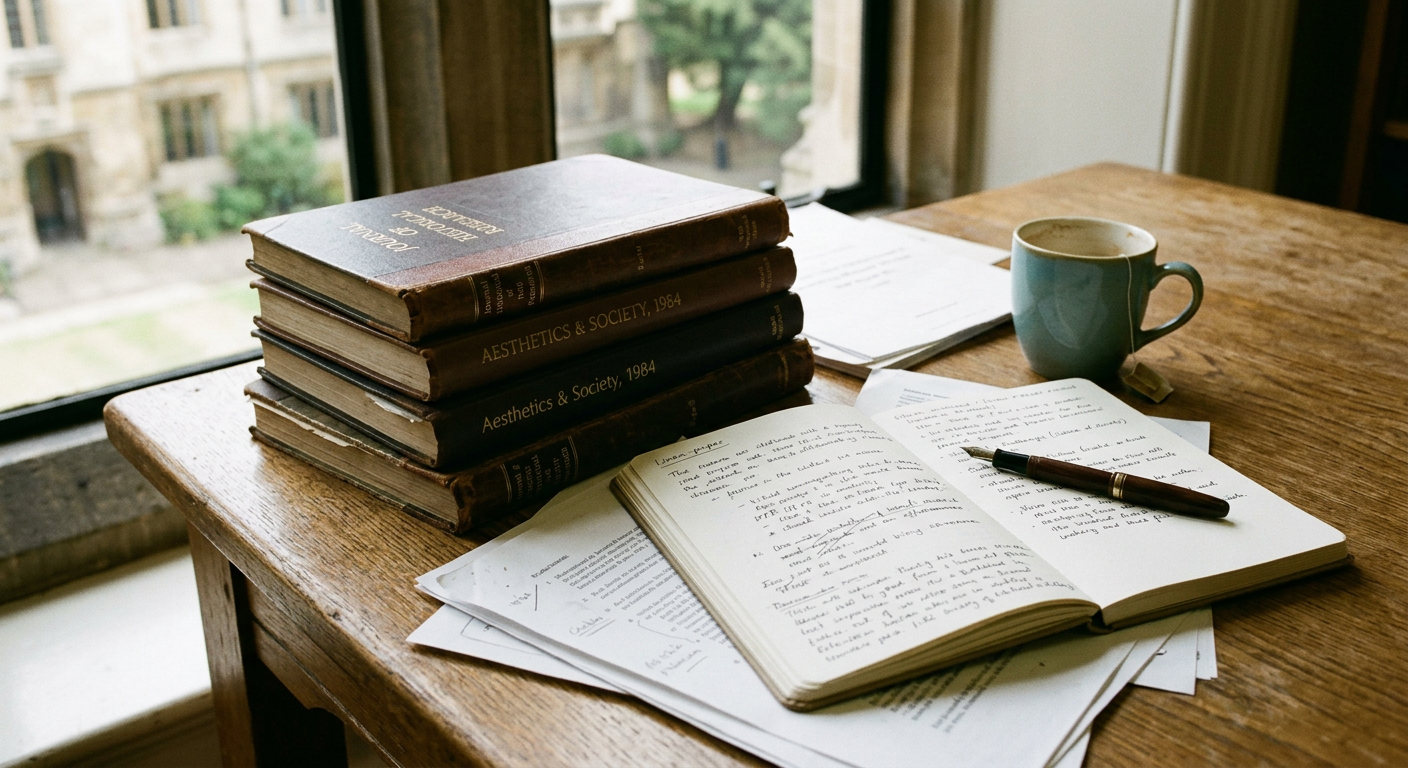 Close-up of a desk with a stack of academic journals, a fountain pen, and an open notebook with handwritten citations.