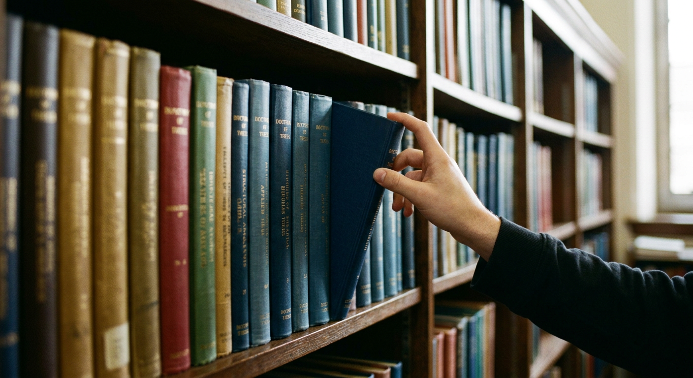 A library shelf filled with thick hardcover thesis volumes and academic reference books.