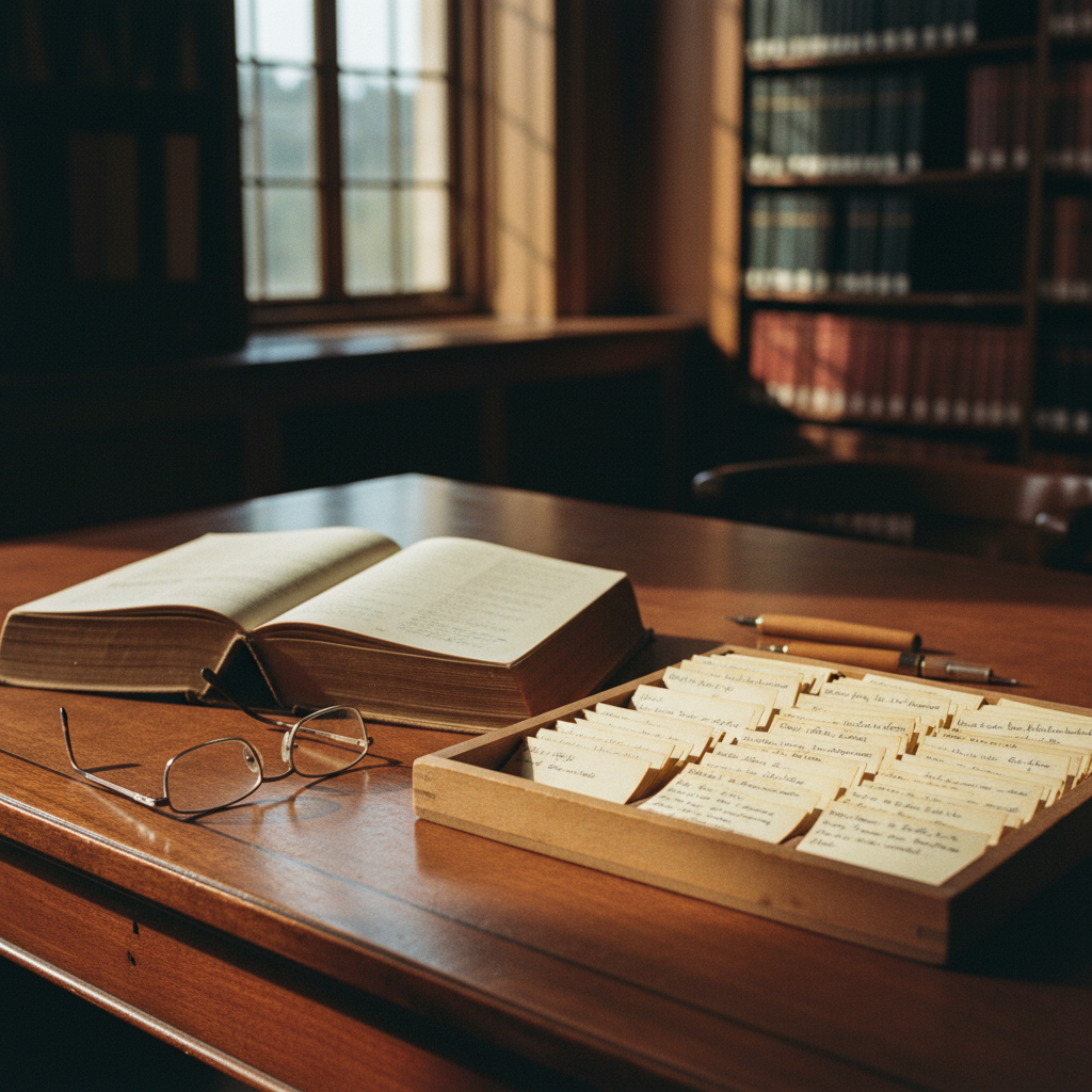 A clean, oak desk with a vintage typewriter, a stack of bound academic journals, and a modern minimal lamp.