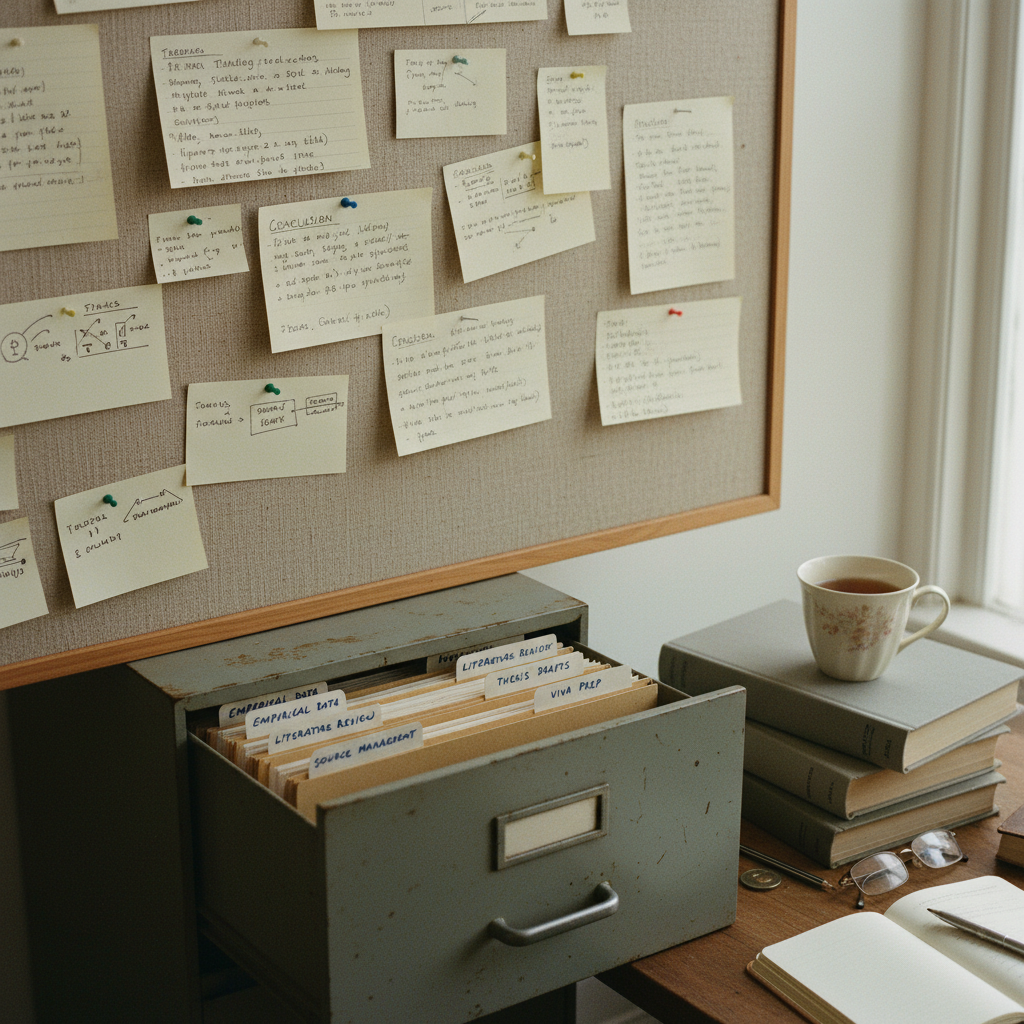 A researcher's workspace featuring a printed bibliography with heavy annotations and a physical filing cabinet folder labeled 'Chapter 2'.
