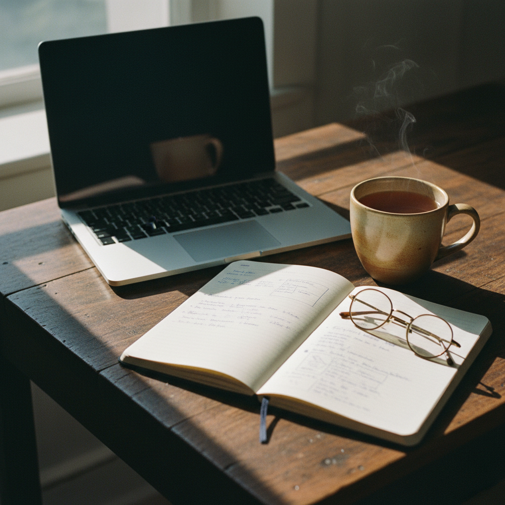 A close-up of a well-organized academic desk in Nairobi with a leather-bound notebook, a fountain pen, and a high-end laptop showing a complex document structure.