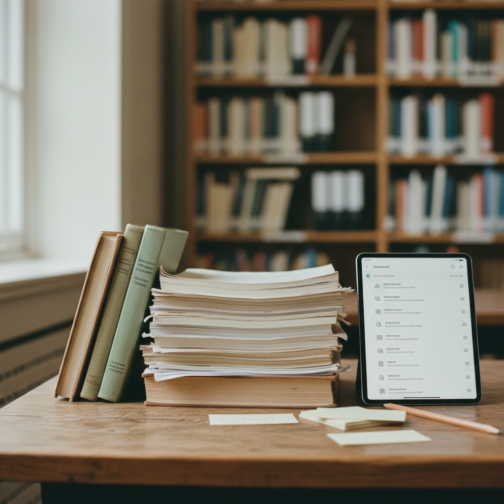 A stack of printed academic journals and a digital tablet displaying a citation management interface.